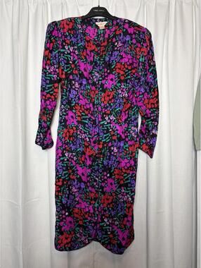 Jack Mulqueen Vintage 1980s Floral Multicolor Print Button Down Silk Dress S/M